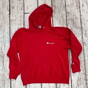 Vintage 1980s Champion Logo Stitched Red Pullover Hoodie Jumper Sweatshirt